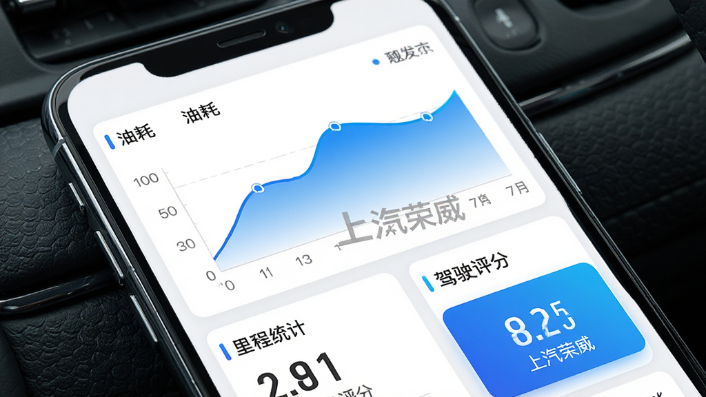 上汽荣威App行车数据仪表盘界面,手机屏幕中显示油耗曲线图、里程统计与驾驶评分,主体为手机与数据图表,布局为模块化网格,排版紧凑,风格为数据可视化科技风,细节包含蓝色渐变图表、数字指标卡片、“上汽荣威”水印,画质高清,干净,无多余元素