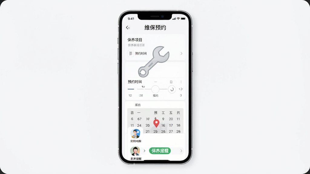 上汽荣威App维保预约页面,手机屏幕展示保养项目列表与预约日历,主体为手机与扳手图标组合,布局为纵向卡片式,排版规整,风格为清爽简约风,细节包含预约时间选择器、经销商地图定位、保养提醒标签,画质清晰,干净,无多余元素