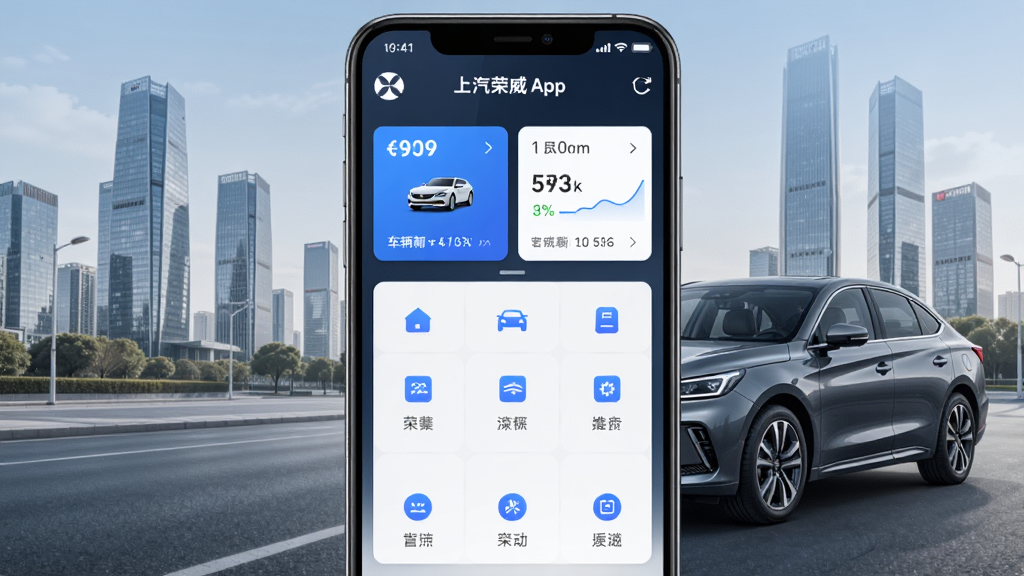 上汽荣威App官方主界面展示,手机屏幕中呈现车辆远程控制面板与荣威品牌标识,背景为现代都市与荣威轿车实景融合,主体为一部竖屏智能手机,布局居中,排版简洁大气,风格为科技商务写实风,细节包含蓝色主题色、车辆状态卡片、功能图标网格,画质高清,画面干净,无多余元素