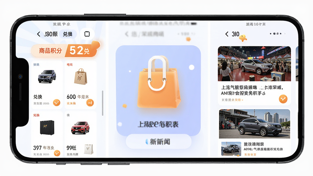 上汽荣威App积分商城与资讯页面,手机屏幕展示商品兑换列表与新闻卡片,主体为手机与购物袋图标,布局为分栏展示,排版活泼,风格为电商促销风,细节包含积分数字、兑换按钮、资讯缩略图,画质清晰,干净,无多余元素
