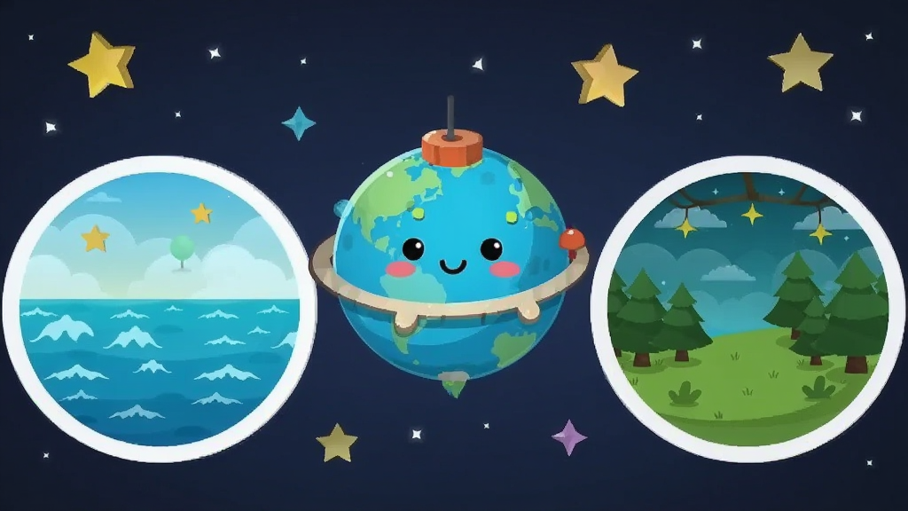 一颗卡通小星球位于画面中央,周围环绕着星空、海洋、森林三种不同场景的圆形窗口,星球带有微笑表情,布局为星球居中、三个场景窗口均匀分布,风格为扁平卡通插画,细节包括场景中的星星、波浪和树木元素,画质高清,干净,无多余元素