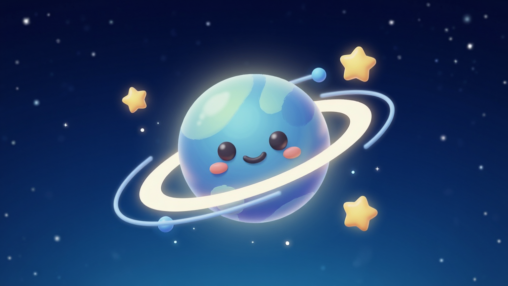 一张手机桌面场景图,画面中央放置一颗发光的小型星球角色,星球带有卡通表情和环绕光晕,周围分布少量星星与轨道线条,背景为深蓝色渐变夜空,整体布局以星球为视觉中心,风格为清新卡通3D渲染,细节包括柔和的发光边缘和细腻的星空颗粒,画质高清,干净,无多余元素