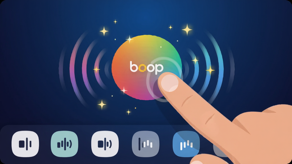 主画面展示boop应用界面,一个圆润的彩色按钮位于屏幕正中央,手指正在点击按钮,按钮周围迸发出声波纹理和星星点点的光效,背景为深蓝色渐变,界面底部排列着一排音效选择图标,风格为现代扁平化UI设计,色彩鲜明,画质干净清晰