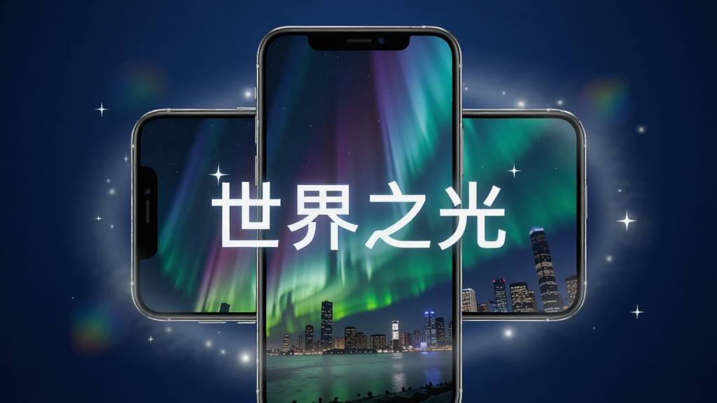 画面中央展示一部智能手机,手机屏幕上呈现绚丽的极光与城市夜景交织的画面,画面中带有“世界之光”四个发光大字,手机周围环绕着柔和的光晕与星点。背景为深蓝色渐变,布局采用居中对称构图,风格为科技感与艺术感结合的3D渲染,细节上手机边框有金属光泽,屏幕内光影层次丰富。画质清晰,干净,无多余元素。