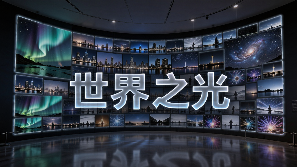 画面主体为一面由无数发光照片组成的弧形照片墙,照片内容包含极光、城市夜景、星空、灯光艺术等,照片墙前方悬浮着“世界之光”半透明立体字。布局采用广角透视,风格为现代数字艺术展厅,细节上每张照片边缘有微弱光晕,地面有倒影。画质高清,干净,无多余元素。