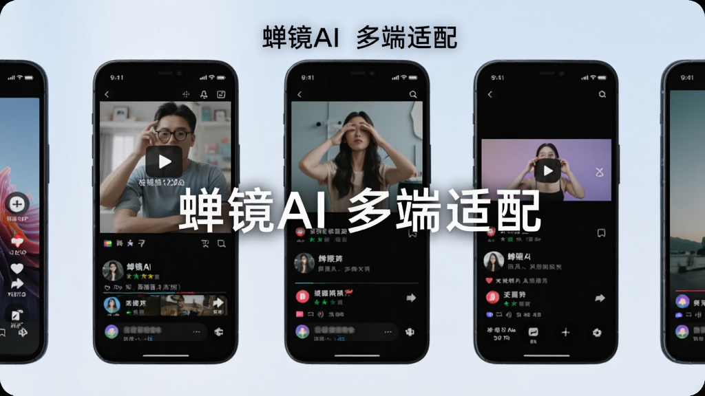 画面主体为多部手机并排展示,分别呈现横屏和竖屏的视频画面,手机屏幕中显示不同平台的视频播放界面,布局采用横向排列,风格为现代简约,细节上手机边框为深色,屏幕色彩鲜艳,背景为干净的浅蓝色渐变,画质为高清4K,画面中文字标注“蝉镜AI 多端适配”