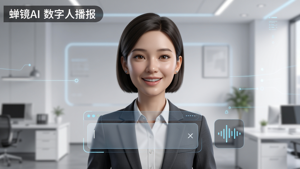 画面主体为一位身穿职业装的虚拟数字人女性,站在简洁的现代办公室背景前,数字人面向镜头微笑播报,身前悬浮着半透明的文本输入框和音频波形图标,布局采用人物居中、元素环绕的方式,风格为写实与科技感融合,细节上数字人皮肤质感细腻、光影柔和,背景干净无杂物,画质为高清8K,画面中文字标注“蝉镜AI 数字人播报”