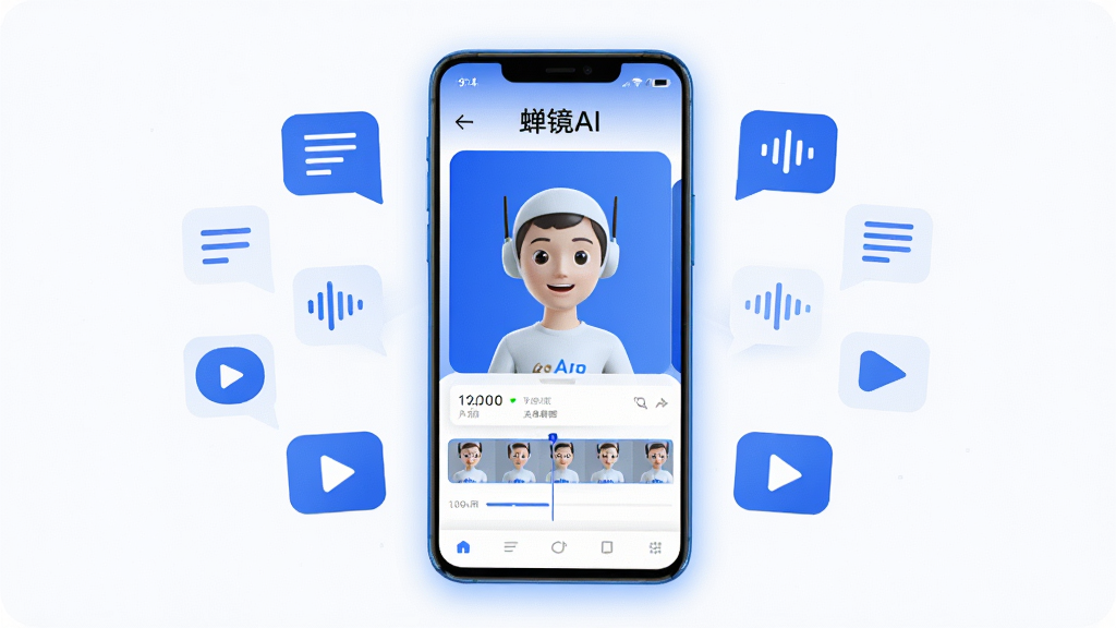 整体画面以科技蓝和纯白为主色调,中央放置一部安卓手机,手机屏幕中显示蝉镜AI的软件界面,界面中包含数字人形象和视频时间轴,手机周围环绕着漂浮的文本图标、音频波纹图标和视频播放按钮,布局采用居中对称式构图,风格为现代扁平化科技风,细节上手机边缘有柔和的蓝色光晕,背景干净无多余元素,画质为高清4K,整体干净整洁,画面中文字标注“蝉镜AI”