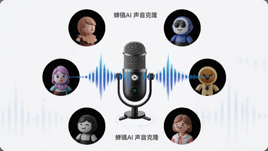 画面主体为一个麦克风与声波可视化图形相结合,麦克风周围环绕着多个不同音色的圆形头像图标,布局采用中心放射式构图,风格为简约科技风,细节上声波以蓝色渐变线条呈现,背景为干净的浅灰色,画质为高清4K,画面中文字标注“蝉镜AI 声音克隆”