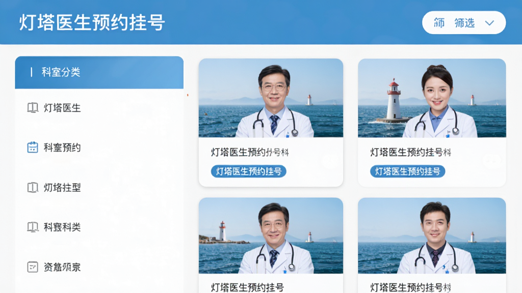 灯塔医生预约挂号应用内科室选择页面,左侧是科室分类列表,右侧是医生卡片和筛选按钮,画面中有