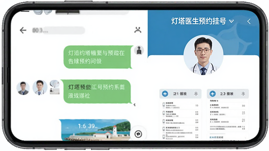 灯塔医生预约挂号在线问诊界面,手机屏幕左侧是聊天对话框,右侧是医生头像和检查报告缩略图,界面中有