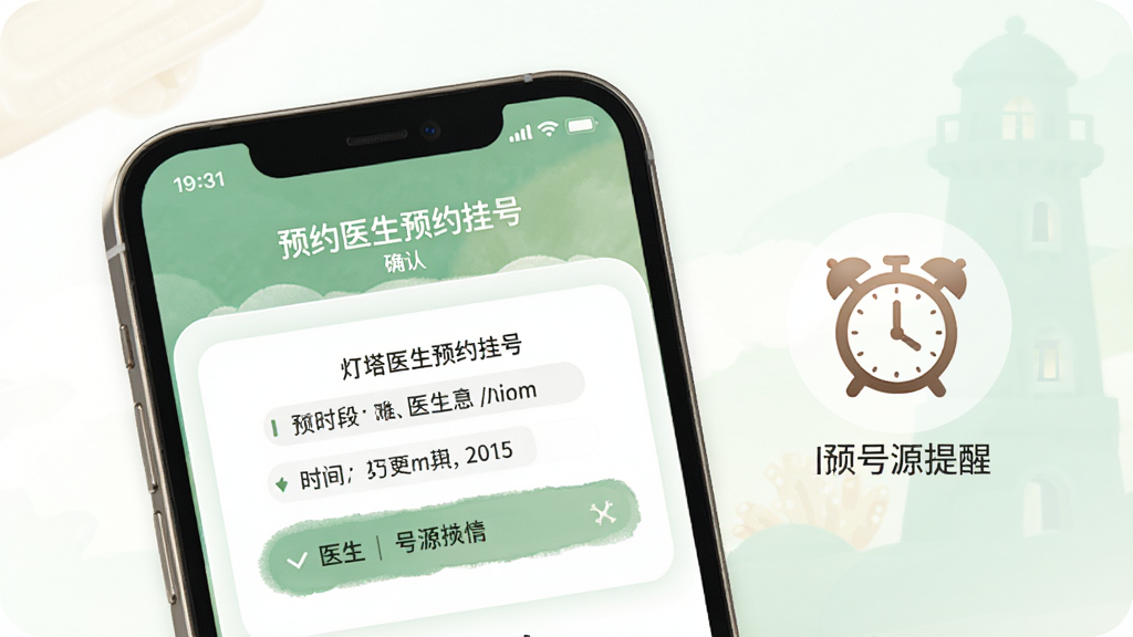 灯塔医生预约挂号预约确认页面,手机屏幕上显示预约成功的时间段和医生信息,旁边有一个闹钟图标表示号源提醒,背景是柔和的白色和浅绿色,风格温馨,细节清晰,画质高清,干净无多余元素。