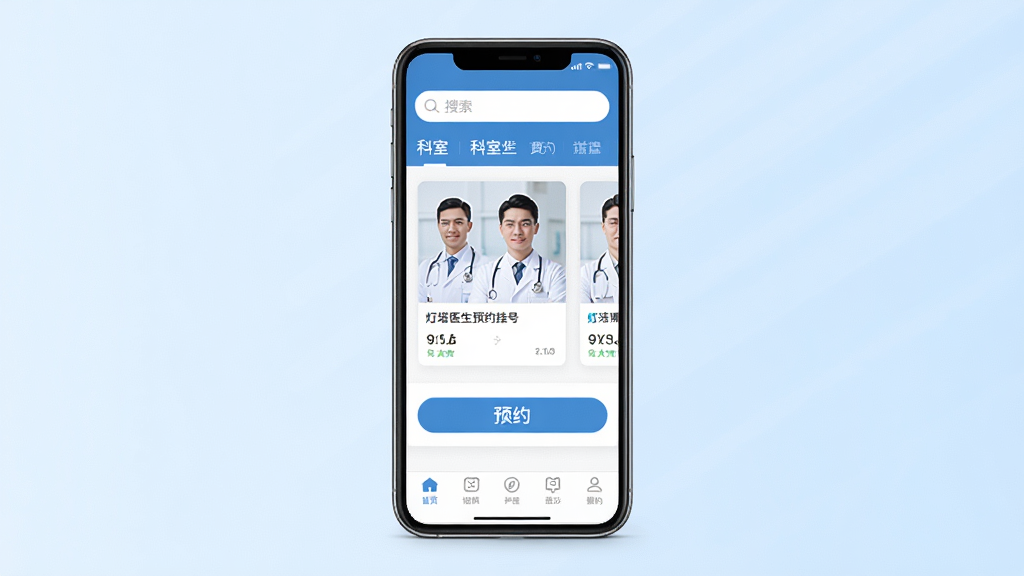 手机屏幕中央展示灯塔医生预约挂号应用主界面,上方是搜索框和科室导航,中间排列着医生卡片与预约按钮,下方是底部菜单栏。背景为干净的浅蓝色渐变,风格简洁现代,细节清晰,画质高清,干净无多余元素。