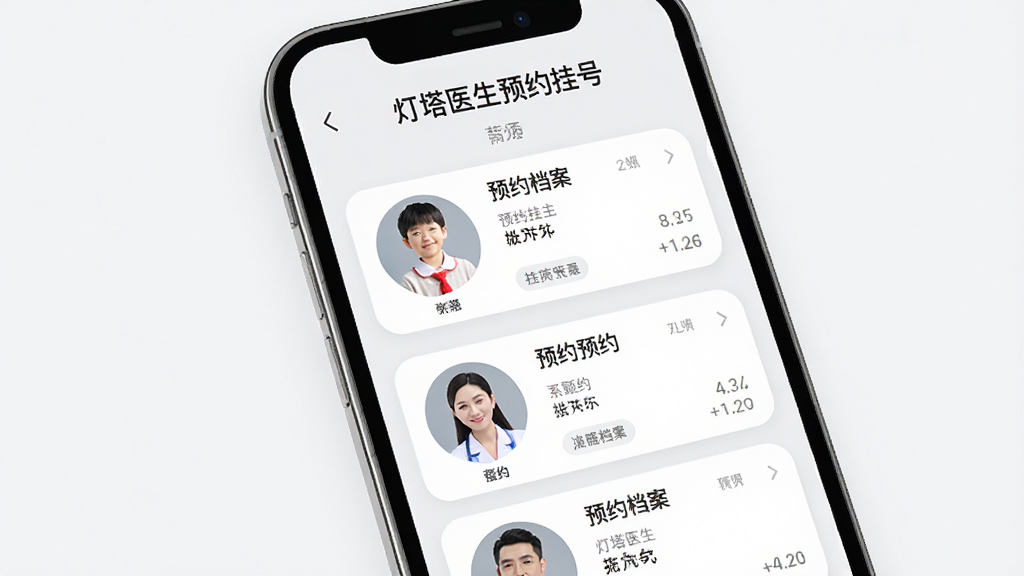 灯塔医生预约挂号家庭档案管理页面,手机屏幕上显示多个家庭成员的头像和预约记录卡片,顶部有