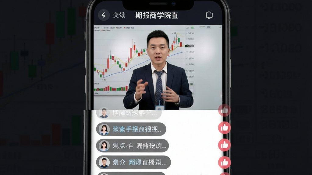 一张展示期报商学院直播课堂场景的生图,主体为手机屏幕中一位讲师正在讲解期货行情走势,布局采用上下结构,上方为讲师视频画面,下方为实时聊天互动区,风格为专业在线教育直播界面,细节包括K线走势图、观众提问弹幕、点赞图标,背景为深色护眼模式,画质高清,干净利落,无多余元素