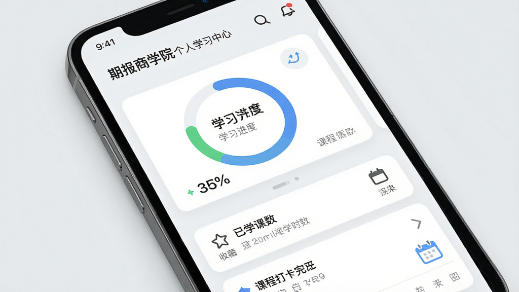 一张展示期报商学院个人学习中心界面的生图,主体为手机屏幕显示学习进度环形图与课程完成列表,布局采用卡片式模块化排版,风格为现代简约风学习管理界面,细节包括进度百分比、已学课时数、收藏夹图标、日历打卡记录,背景为淡灰色,画质高清,干净有序,无多余元素