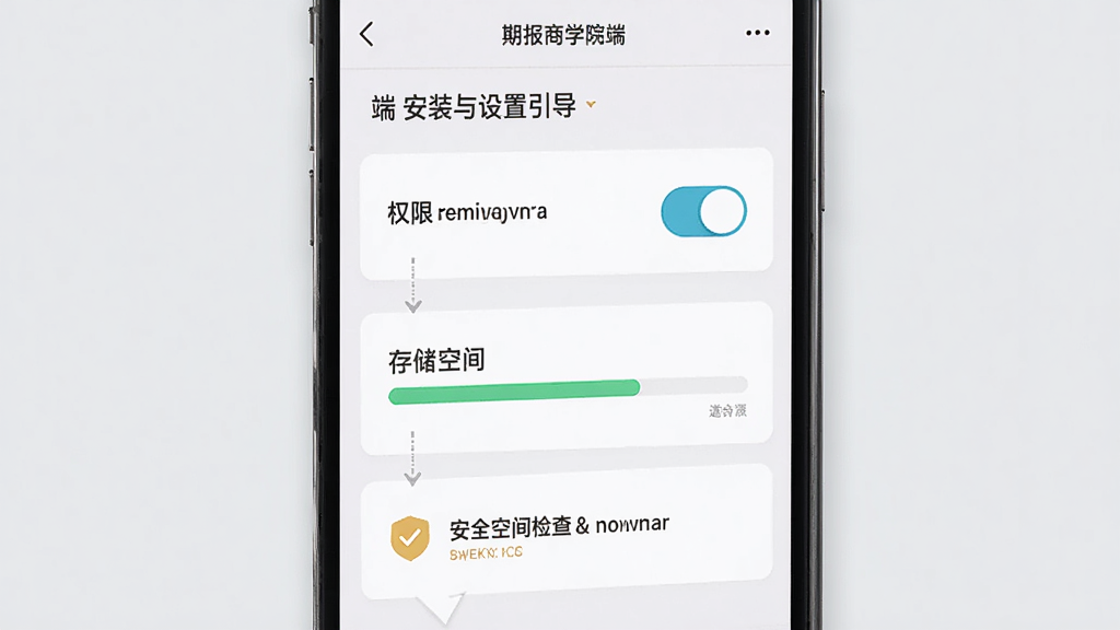 一张展示期报商学院手机端安装与设置引导界面的生图,主体为手机屏幕显示权限设置与存储空间检查提示,布局采用上下分步引导排版,风格为简洁工具类应用界面,细节包括权限开关按钮、存储空间进度条、安全提示图标,背景为浅灰色,画质高清,干净清晰,无多余元素