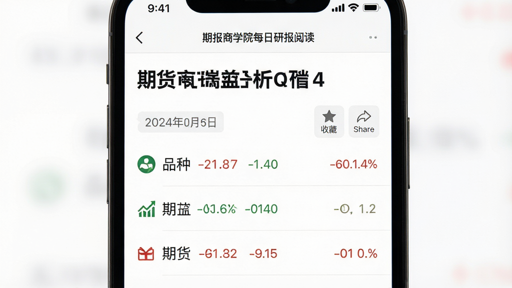 一张展示期报商学院每日研报阅读界面的生图,主体为手机屏幕显示一篇期货市场分析报告,布局采用顶部标题加正文列表的排版,风格为简洁新闻阅读类应用界面,细节包括日期标签、品种图标、涨跌颜色标注、收藏与分享按钮,背景为纯白底色,画质高清,干净清爽,无多余元素