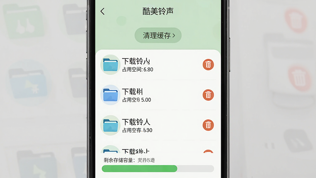 �ֻ�����չʾ�������������ı�����������ҳ���б����������ص������ļ���ռ�ÿռ��С���������������水ť���ײ���ʾʣ��洢������������Ϊǳ��ɫ���������ˬ���ţ�ϸ�ڰ����ļ���ͼ����ɾ����ť�������������޶���Ԫ��