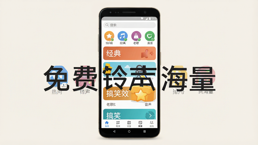免费铃声海量软件主界面展示图,主体为一部安卓手机屏幕,屏幕中显示铃声分类列表包含热门铃声、经典老歌、搞笑音效等板块,布局为手机居中放置于浅色背景上,排版简洁清晰,风格为现代扁平化UI设计,细节包括顶部搜索栏、彩色分类图标、底部导航栏,画质高清干净无多余元素,图片中文字标注