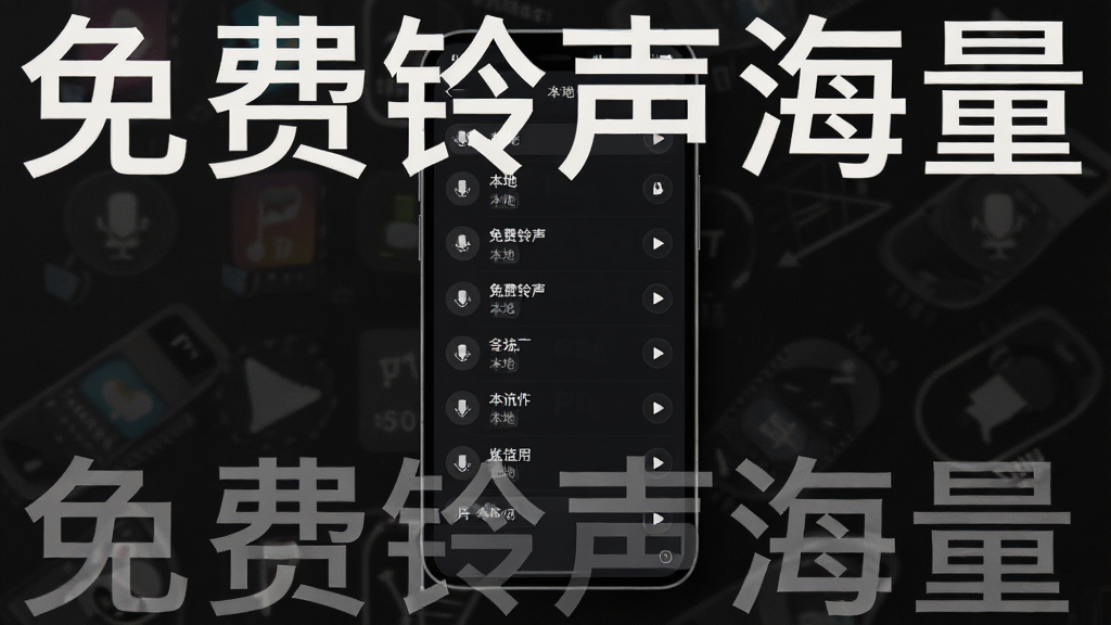 免费铃声海量离线使用场景图,主体为手机屏幕显示本地铃声列表,布局为手机放置于深色背景上,排版为列表纵向排列每行显示铃声名称和时长,风格为暗色主题UI设计,细节包括离线图标、本地标签、播放按钮,画质高清干净无多余元素,图片中文字标注