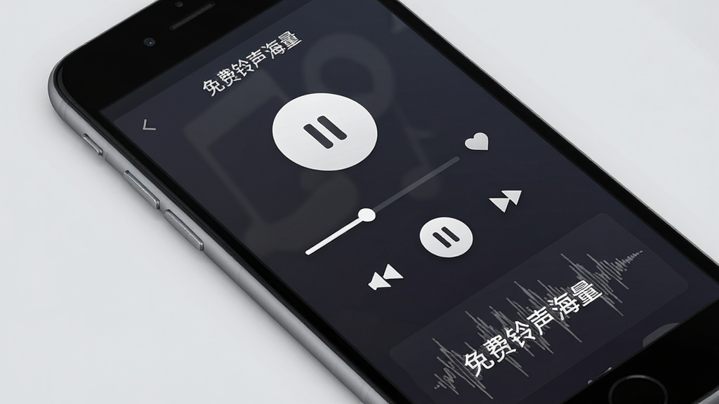 免费铃声海量在线试听与收藏界面图,主体为手机屏幕显示铃声播放器界面,布局为手机斜放于浅灰色背景上,排版为播放控制按钮居中排列,风格为现代音乐播放器风格,细节包括播放暂停按钮、进度条、收藏心形图标、铃声波形图,画质高清干净无多余元素,图片中文字标注