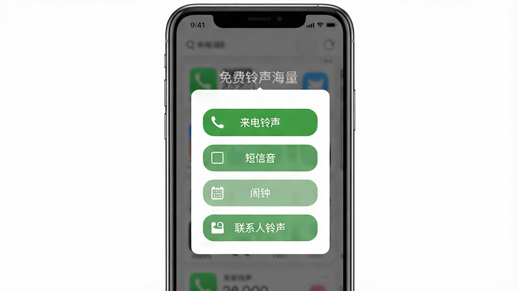 免费铃声海量一键设置功能界面图,主体为手机屏幕显示铃声下载完成后的设置选项弹窗,布局为手机居中展示于白色背景上,排版为弹窗居中按钮纵向排列,风格为简洁明快的现代UI风格,细节包括来电铃声、短信音、闹钟、联系人铃声四个选项按钮,画质高清干净无多余元素,图片中文字标注