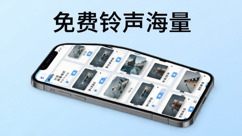 免费铃声海量海量资源库展示图,主体为手机屏幕中展示铃声分类瀑布流,布局为手机正面放置于浅蓝色渐变背景上,排版为多行多列卡片式排列,风格为清新简约风,细节包括每张卡片显示铃声名称和试听按钮,画质高清干净无多余元素,图片中文字标注