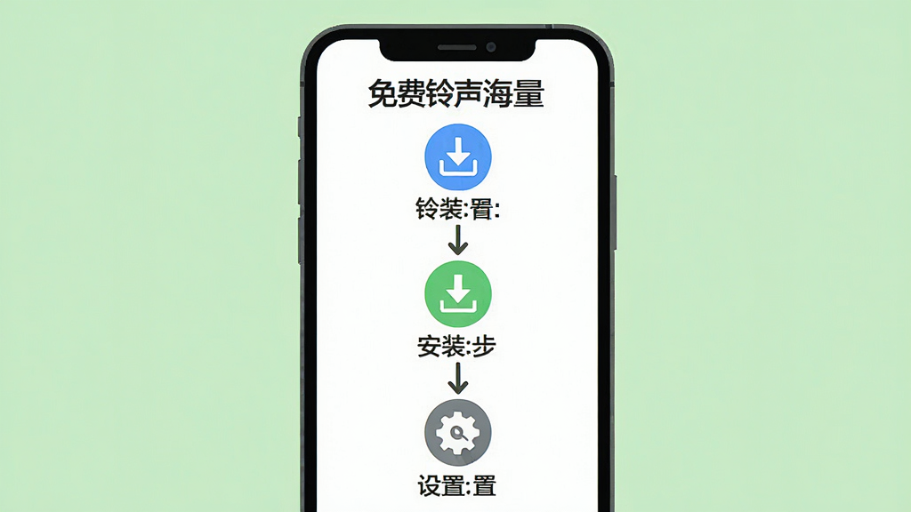 免费铃声海量新手使用教程示意图,主体为手机屏幕显示安装步骤流程图,布局为手机居中放置于浅绿色背景上,排版为从上到下三步操作示意图,风格为扁平化教程风格,细节包括下载图标、安装图标、设置图标及箭头连接,画质高清干净无多余元素,图片中文字标注