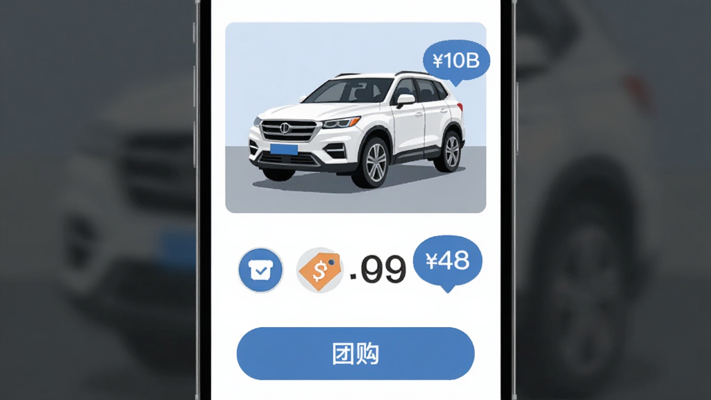 �ֻ���Ļ����ʾ�����Ź�Ӧ�ý��棬����Ϊһ����ɫSUV�ͼ۸��ǩ�����ֲ������½ṹ�Ϸ��ǳ���ͼƬ�·����Ź���ť���Ű�������У����Ϊ��ƽ���廭��ϸ�ڰ���Բ��ͼ��ͼ۸����ݣ����������ɾ��޶���Ԫ��