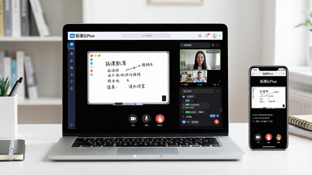 一张展示在线教育场景的图片,画面中央是一台打开的笔记本电脑,屏幕上显示着“拓课云Plus”的虚拟教室界面,界面中有白板、视频窗口和聊天区域,电脑旁边放着一部智能手机,同样显示着该软件的移动端课堂画面,背景是整洁的书桌和书架,整体风格明亮清新,细节包括摄像头图标、麦克风图标和举手按钮,画质清晰,干净,无多余元素