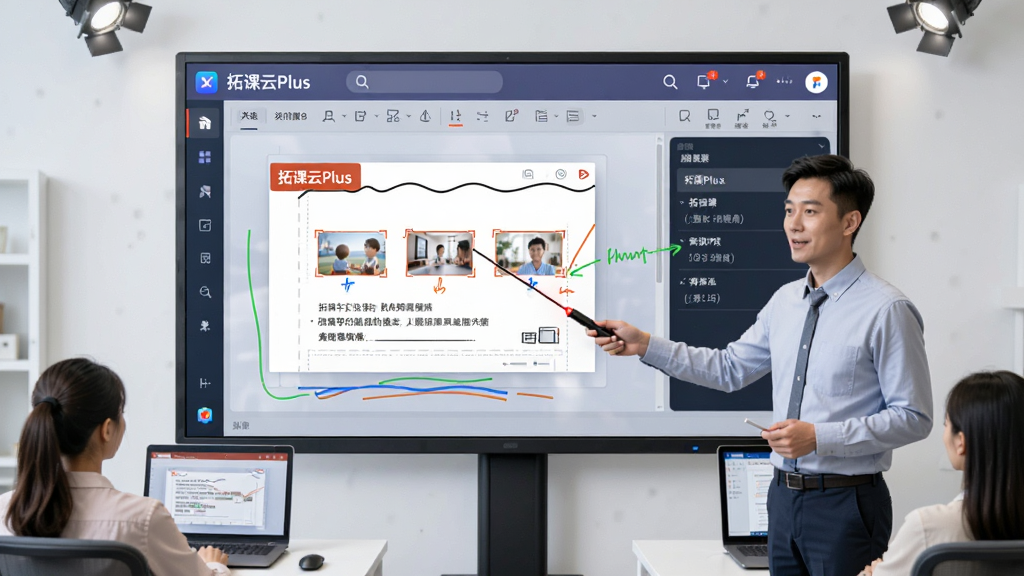 一张在线课件共享场景图,画面中央是一块大屏幕,屏幕上显示着“拓课云Plus”的课件共享界面,有PPT幻灯片和标注工具,屏幕前方有一位讲师正在用激光笔指点内容,下方有学员座位和电脑设备,整体布局像一个小型直播间,风格专业简洁,细节包括屏幕上的画笔痕迹和工具栏,画质清晰,干净,无多余元素