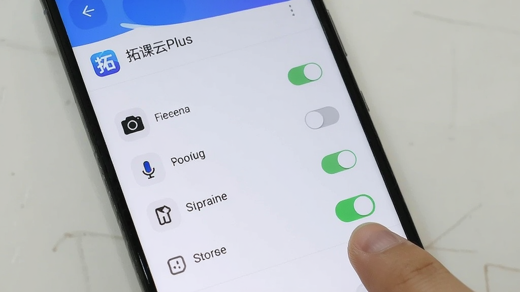 一张手机安全设置界面的图片,画面中是一部安卓手机,屏幕上显示着“拓课云Plus”的应用权限管理页面,有摄像头、麦克风、存储等权限开关,旁边有手指正在点击开启按钮,背景简洁,风格写实,细节包括权限图标和开关状态,画质清晰,干净,无多余元素