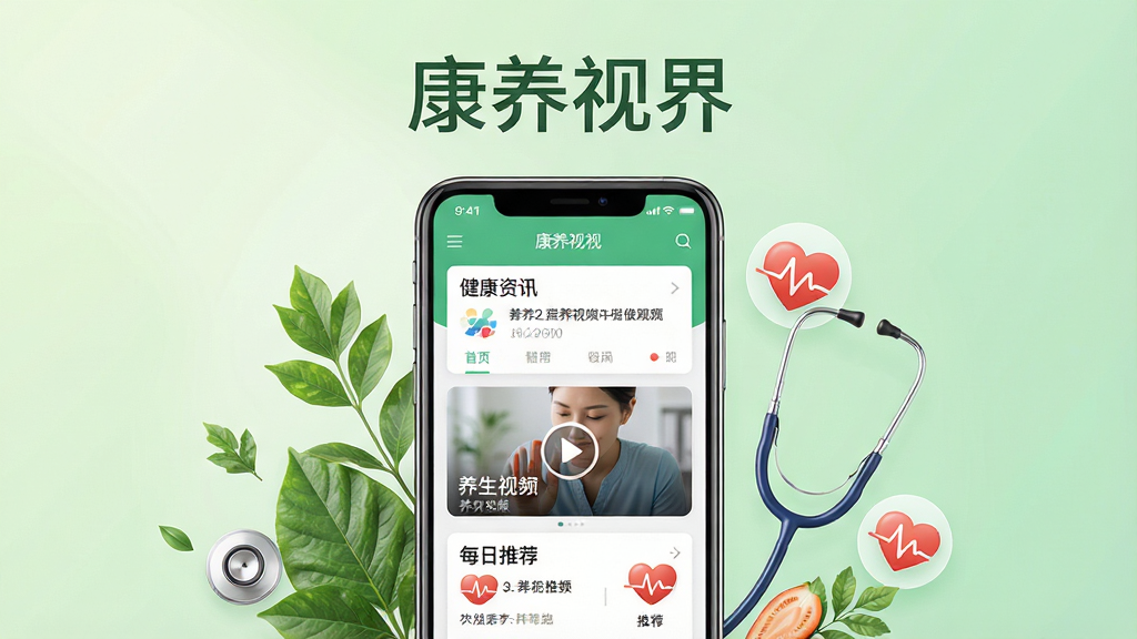康养视界应用主界面展示,画面中央放置一部智能手机,手机屏幕显示康养视界APP的首页,页面包含健康资讯卡片、养生视频入口和每日推荐板块,手机周围环绕着绿叶、听诊器、心率图标等健康元素,整体布局采用居中构图,上方放置应用名称“康养视界”文字,背景为柔和的浅绿色渐变,风格清新现代,细节精致,画质高清,干净无多余元素