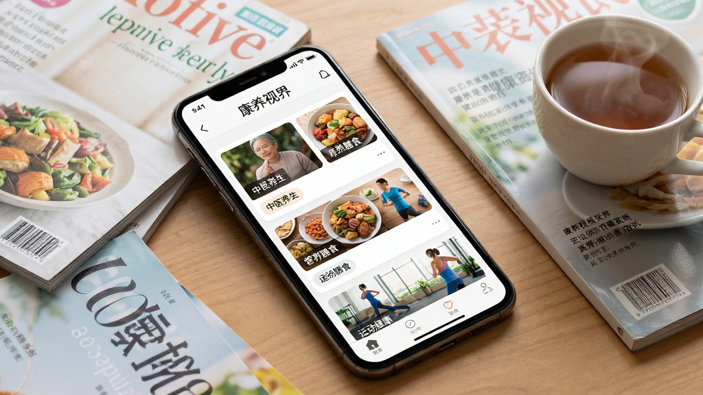 康养视界健康资讯页面展示,画面中一部手机横屏放置,屏幕显示康养视界APP的资讯列表页面,包含多张健康文章卡片,卡片上有“中医养生”“营养膳食”“运动健康”等分类标签,手机旁边散落着几本健康杂志和一杯热茶,布局采用对角线构图,风格温馨舒适,细节丰富,画质清晰,干净无多余元素