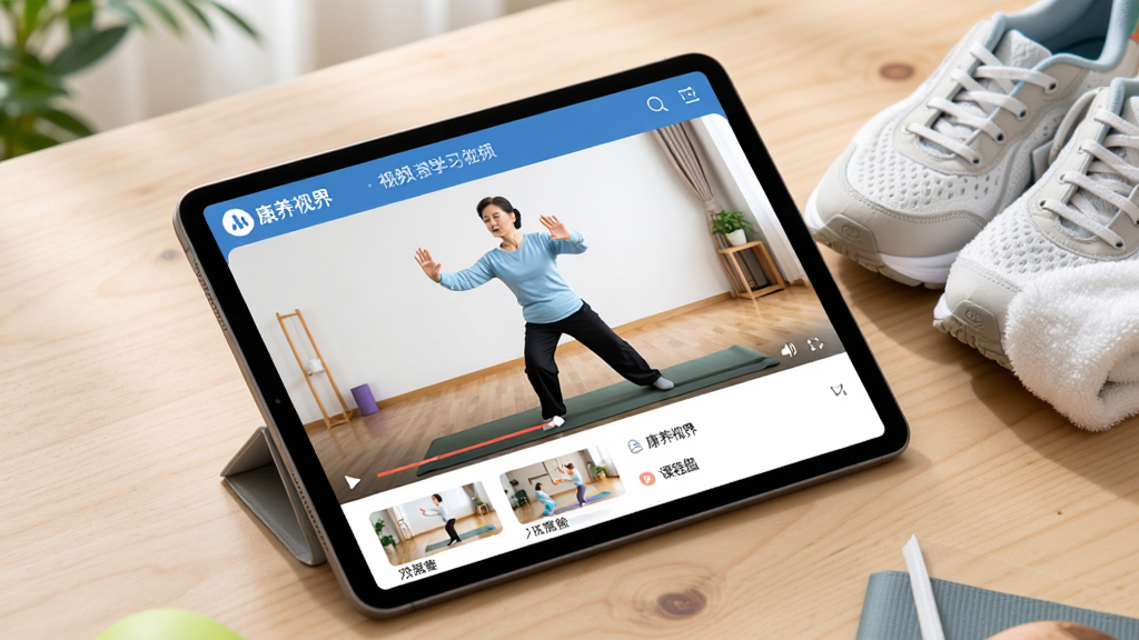 康养视界养生视频学习页面,画面中一部平板电脑斜放在桌面上,屏幕显示康养视界APP的视频播放界面,视频画面为一位老师演示八段锦动作,屏幕下方有进度条和课程列表,平板旁边放着一双运动鞋和一条毛巾,布局采用斜角构图,风格明亮健康,细节真实,画质高清,干净无多余元素
