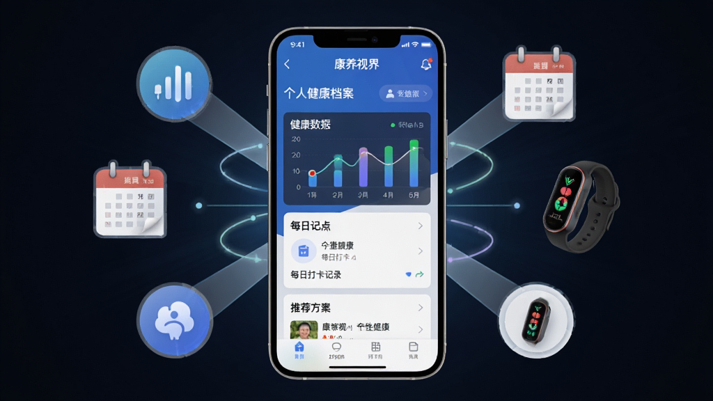 康养视界个性化健康方案界面,画面中央一部手机竖直放置,屏幕显示康养视界APP的个人健康档案页面,包含健康数据图表、每日打卡记录和推荐方案列表,手机周围环绕着数据图标、日历和运动手环等元素,布局采用中心辐射式构图,风格简洁科技感,细节清晰,画质高清,干净无多余元素