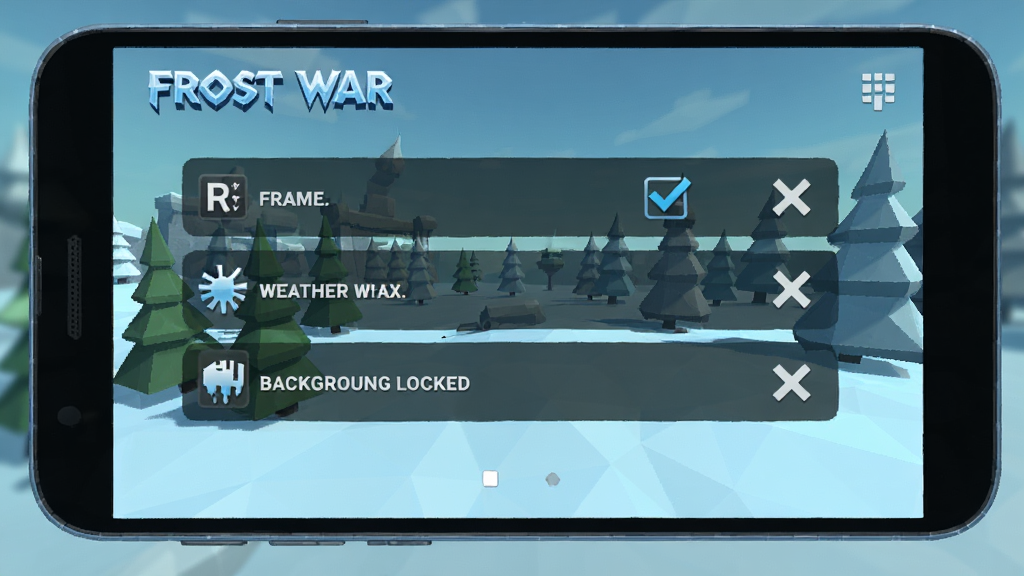 һ����׿�ֻ���Ļ����ʾ��Frost War����Ϸ���ý��棬��������֡�ʡ�������Ч����̨������ѡ��Ա��й�ѡ�͹رյ�ͼ�꣬����Ͷ������ɫ����񣬻���ɾ������С�Frost War�����������廭��