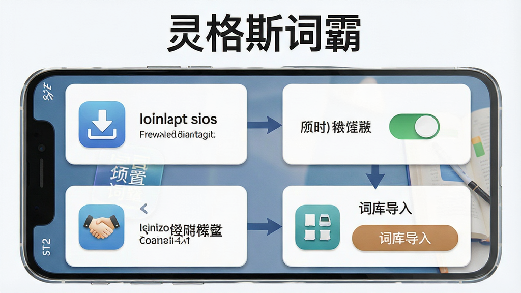 一张展示灵格斯词霸移动端使用教程的预览图,主体为手机屏幕分步骤展示安装与设置流程,布局采用流程图形式从上到下排列四个步骤卡片,排版上软件名称