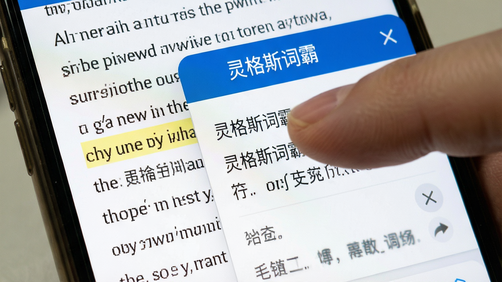 一张展示灵格斯词霸屏幕取词功能的预览图,主体为手机屏幕中一段英文文本被手指划过并弹出翻译浮窗,布局采用特写视角,排版上软件名称