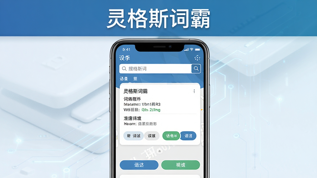 一张展示灵格斯词霸软件界面的预览图,主体为手机屏幕中显示词典查询结果页面,布局居中放置手机与软件UI,排版上软件名称
