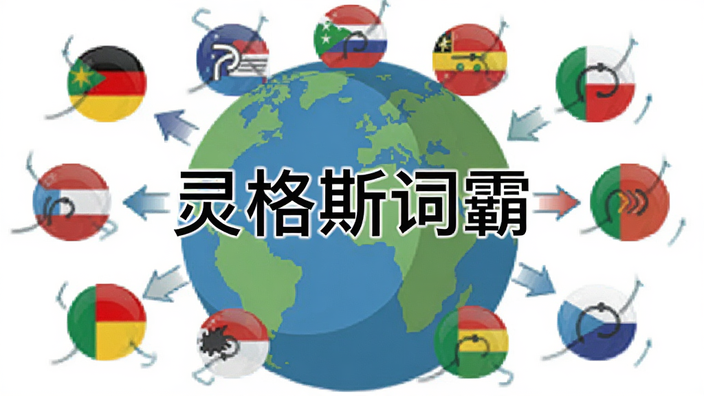 一张展示灵格斯词霸多语言翻译功能的预览图,主体为多个语言图标围绕地球排列,布局采用中心放射状构图,排版上软件名称