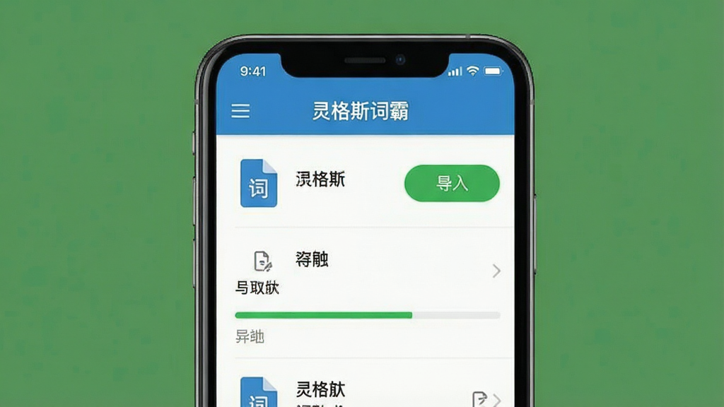 一张展示灵格斯词霸词库导入功能的预览图,主体为手机屏幕显示词库管理列表界面,布局采用上下分层结构,排版上软件名称