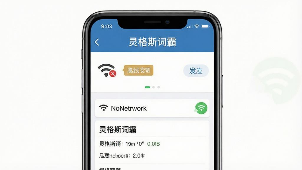 一张展示灵格斯词霸离线查询功能的预览图,主体为手机屏幕显示无网络状态下仍可正常查词的界面,布局采用居中构图,排版上软件名称