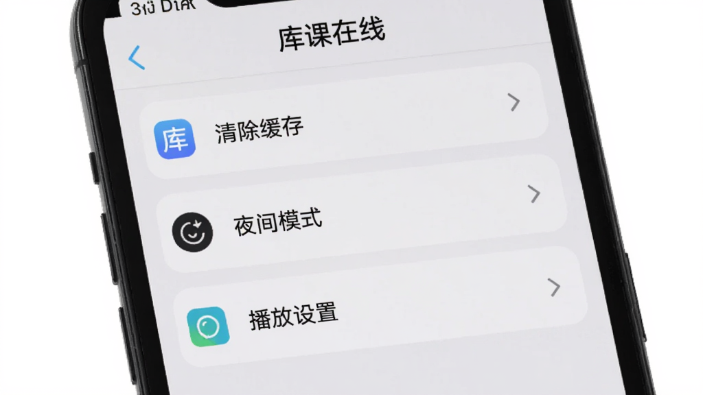 手机屏幕显示“库课在线”设置页面,包含清除缓存、夜间模式、播放设置等选项,界面简洁,背景为浅灰色,图标清晰,风格扁平化,画质高清,无多余元素