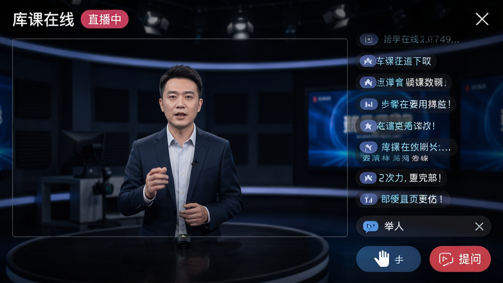 直播间界面截图风格,顶部显示“库课在线”直播中,中间是讲师授课画面,右侧是弹幕互动区,底部有举手和提问按钮,背景是深色演播室风格,画面明亮清晰,细节到位,画质高清,无杂乱元素