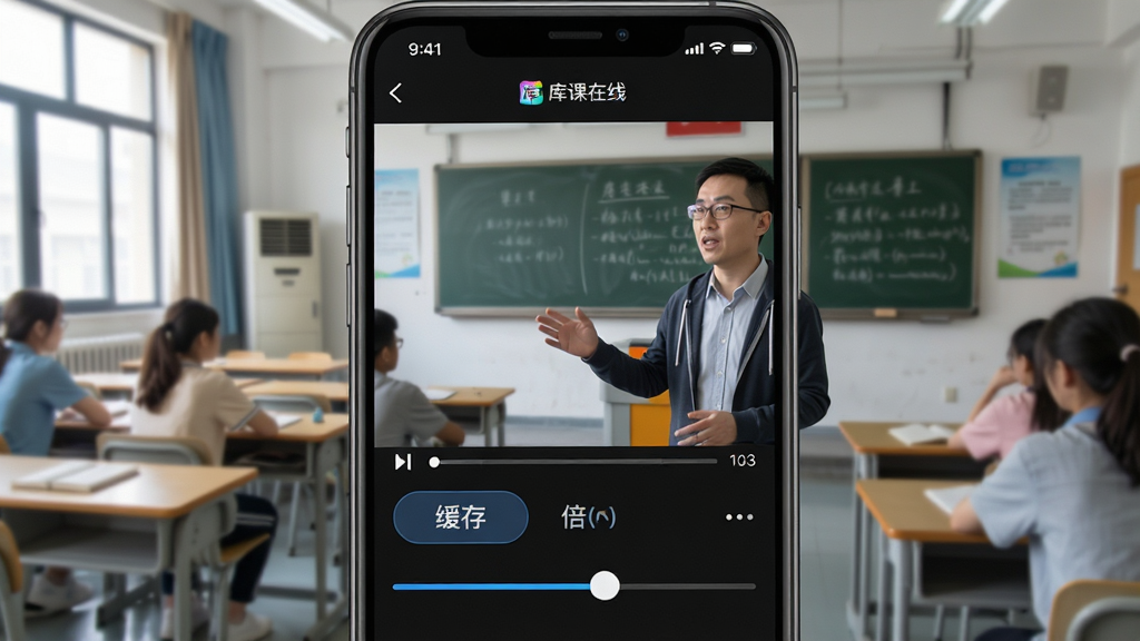 手机屏幕显示“库课在线”视频播放界面,下方有缓存按钮和倍速调节滑块,画面中老师正在讲解知识点,背景是教室场景,风格写实清晰,细节丰富,画质高清,干净整洁无多余元素