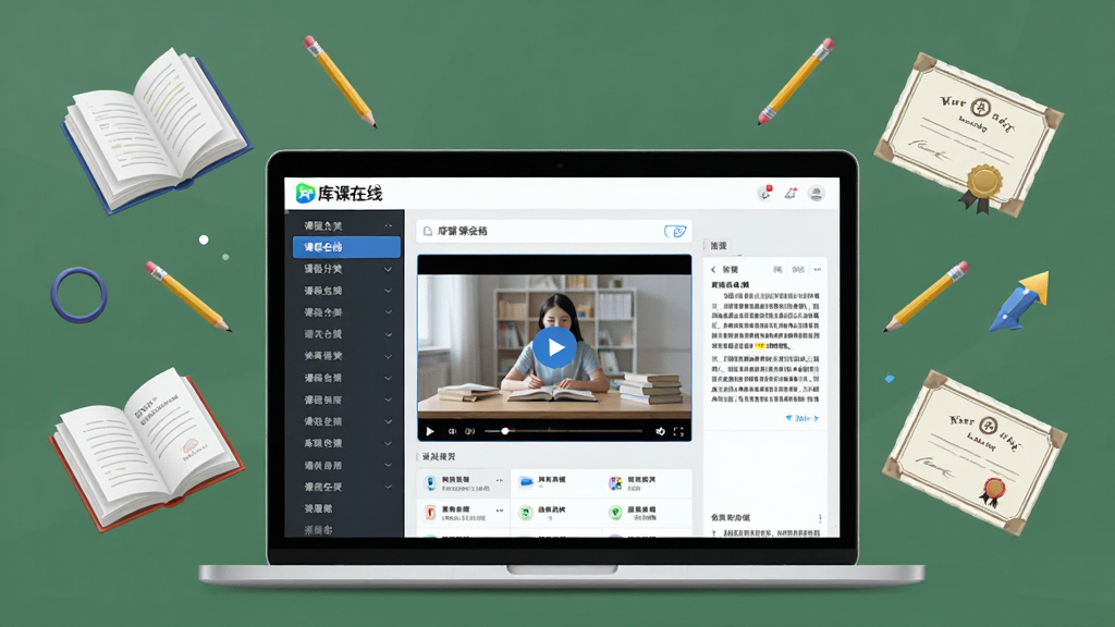 画面中央是一台打开的笔记本电脑,屏幕上显示“库课在线”课程列表页面,左侧是课程分类菜单,右侧是视频播放窗口和讲义区域,周围漂浮着书本、铅笔、证书等学习元素,布局对称,风格简约商务,细节丰富,画质清晰,干净无多余元素