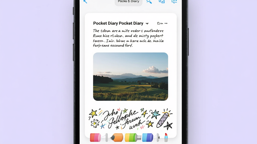 һ��չʾ Pocket Diary ͼ�ı༭�����ͼƬ���ֻ���Ļ����ʾ��һ�����ֺ�һ�Ų���ķ羰��Ƭ���·�����дͿѻ���򣬻������в�ɫ���ʹ��ߣ���������͵�ǳ��ɫ�����ֲ��ÿ�Ƭʽ��ƣ�����������£�ϸ������Ƭ��Ե��Բ�Ǵ��������ʸ��壬�ɾ����޶���Ԫ��