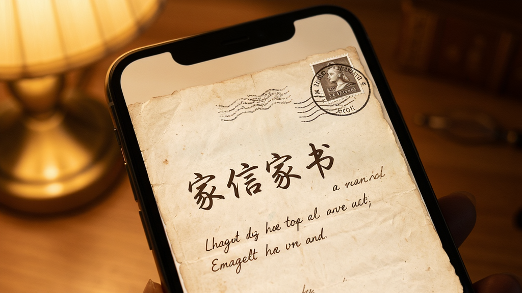 家信家书模式界面,复古信纸背景,手写字体,虚拟邮票与邮戳装饰,温馨灯光,手机屏幕特写,高清画质,干净简洁